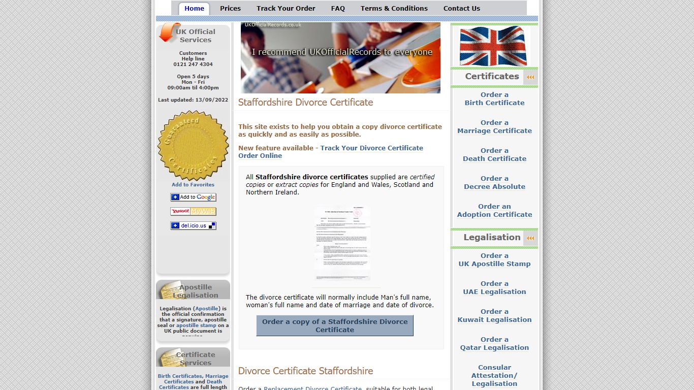 Divorce Certificate Staffordshire - UK Official Services